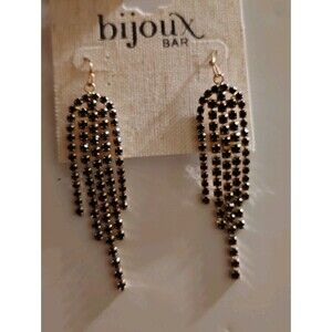 Bijoux Bar Black Rhinestone Dangling Gold Post Earrings NEW sparkle